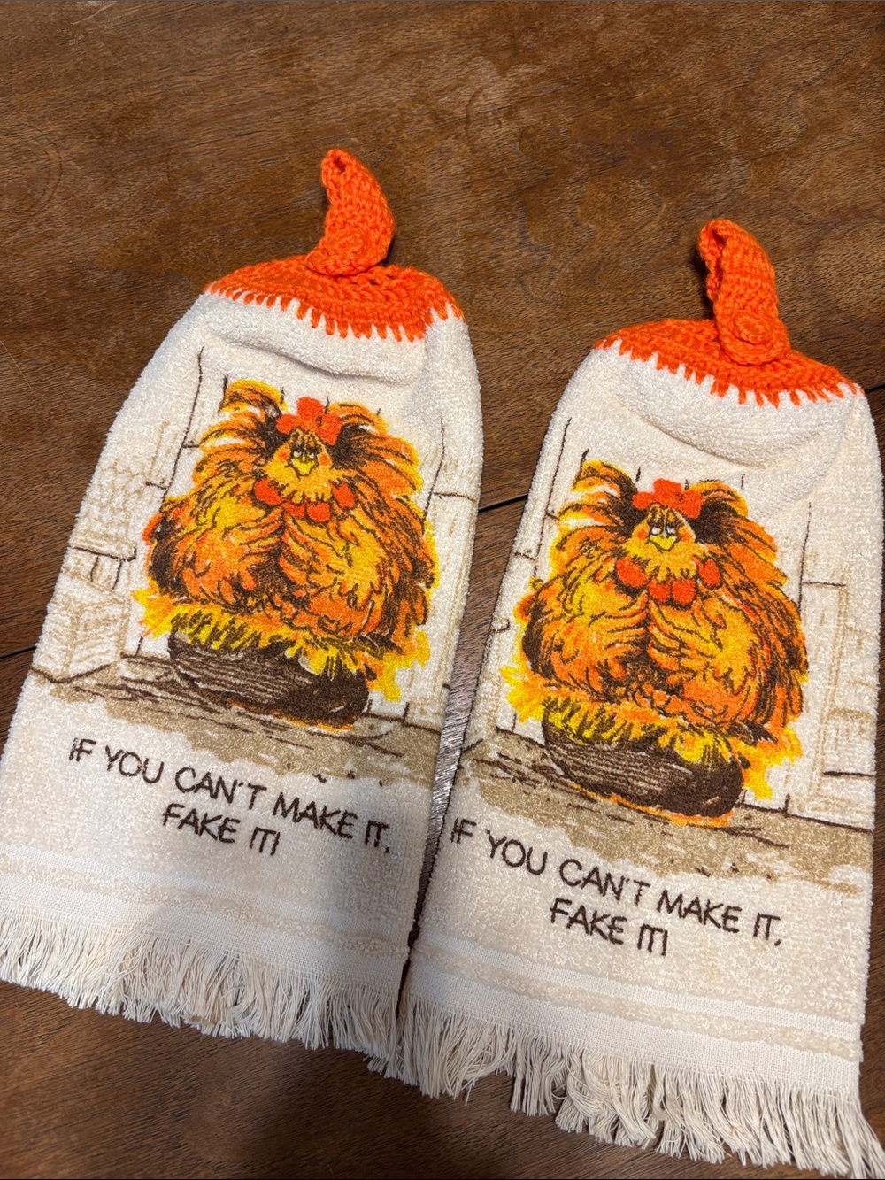 Vintage Kitchen Towels with Orange Hen Design -